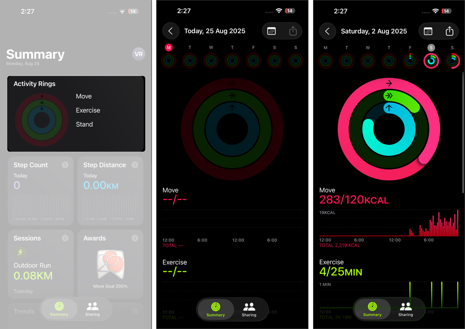 Open fitness app then tap on activity rings to access daily data