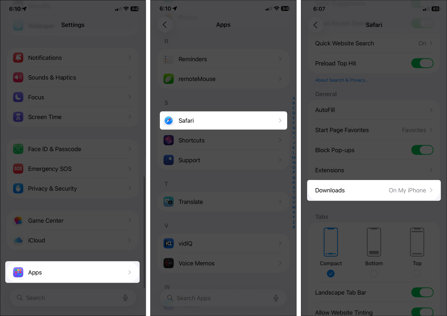 Open iphone settings and access download option