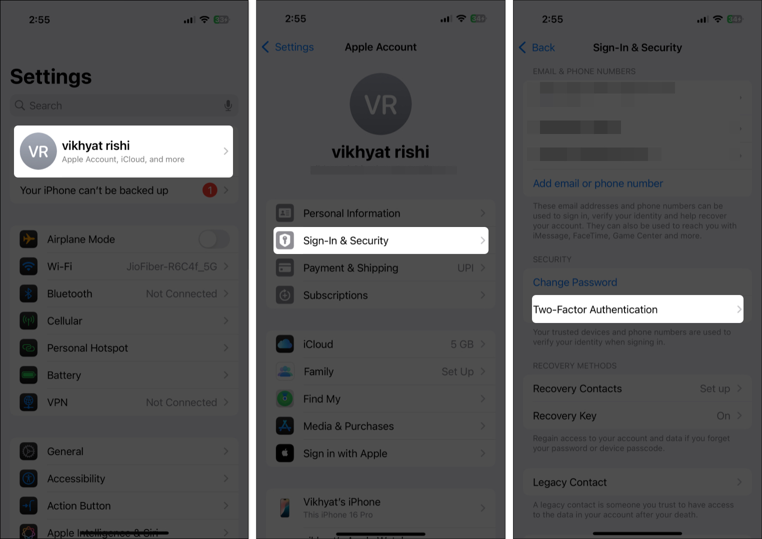 Open iphone settings to enable two factor authentication