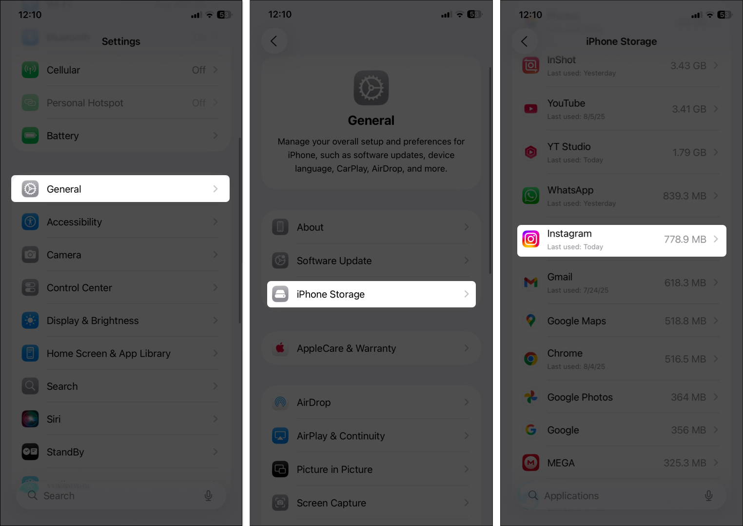 Open iphone storage in iphone settings