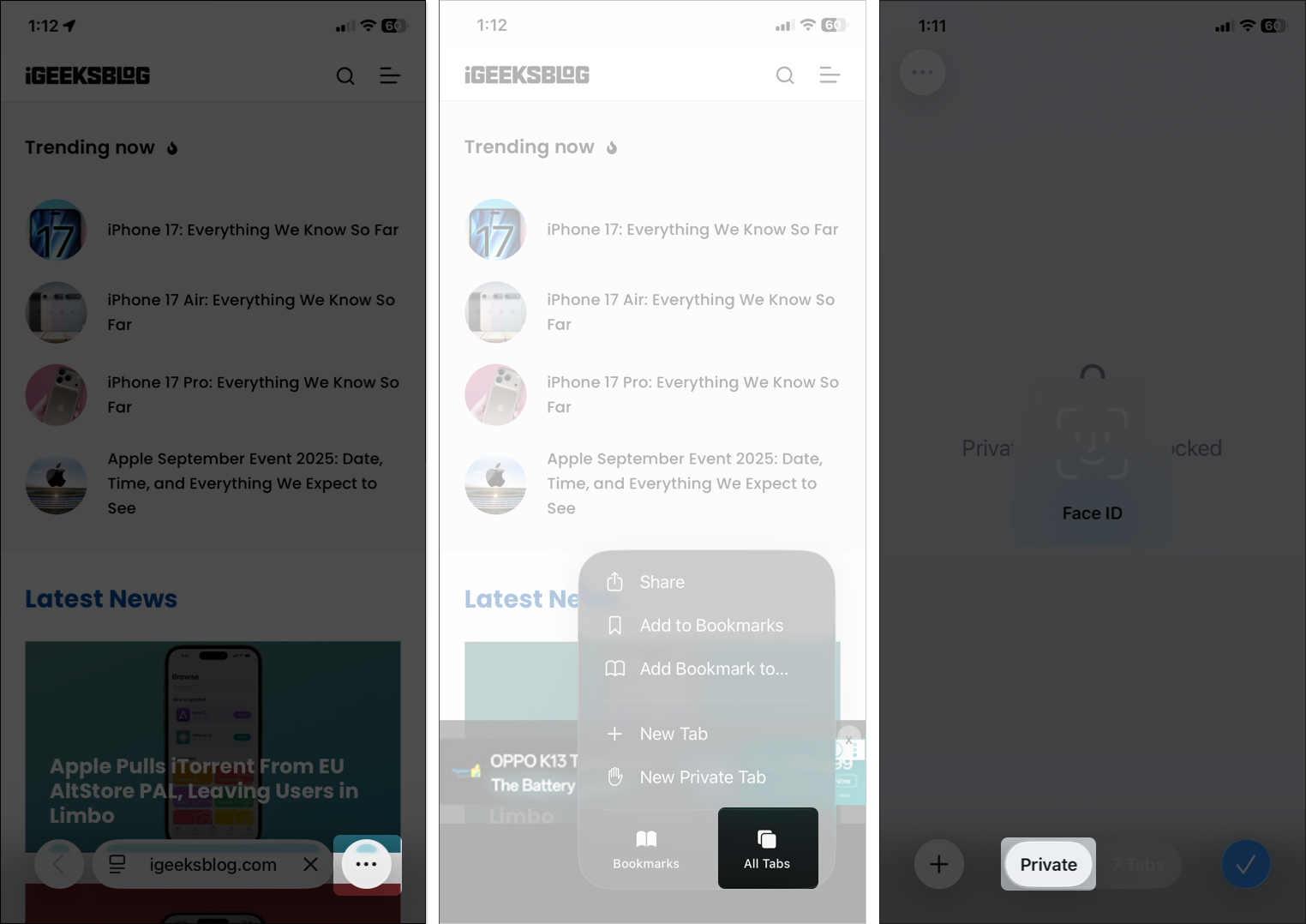 Open safari tap on three dots to access all tab option