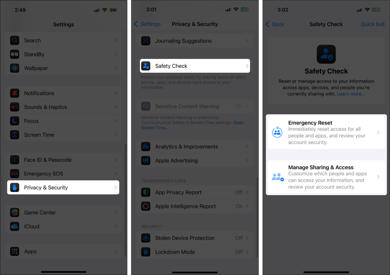 Open safety checks settings on iphone