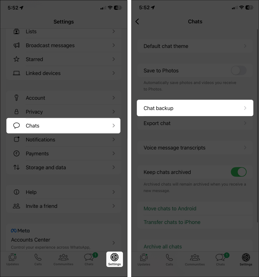 Open settings and select chat option for chat backup