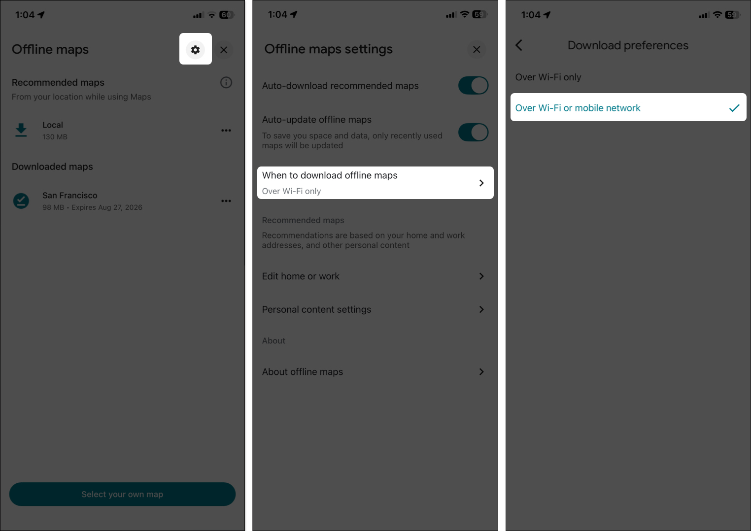 Open settings then choose option to download offline maps
