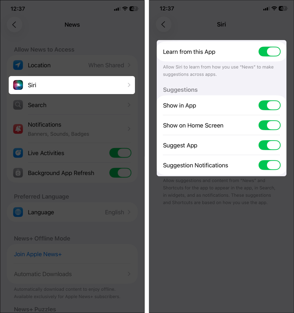 Open siri news settings and toggle on all the options