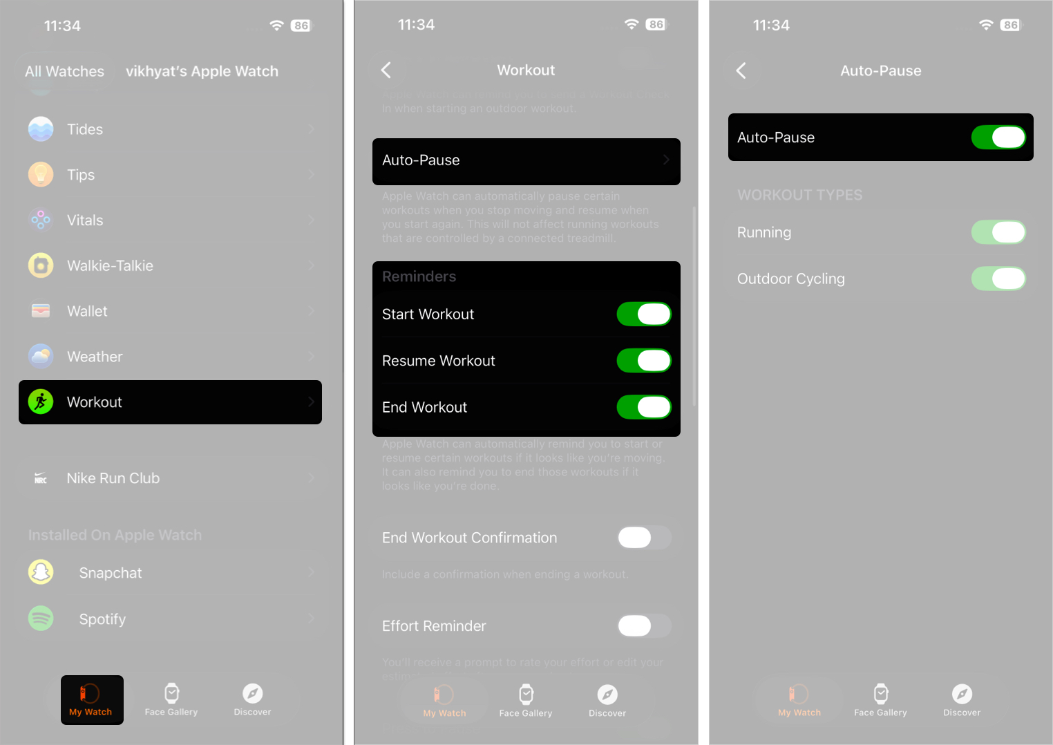 Open watch app and toggle on auto pause option