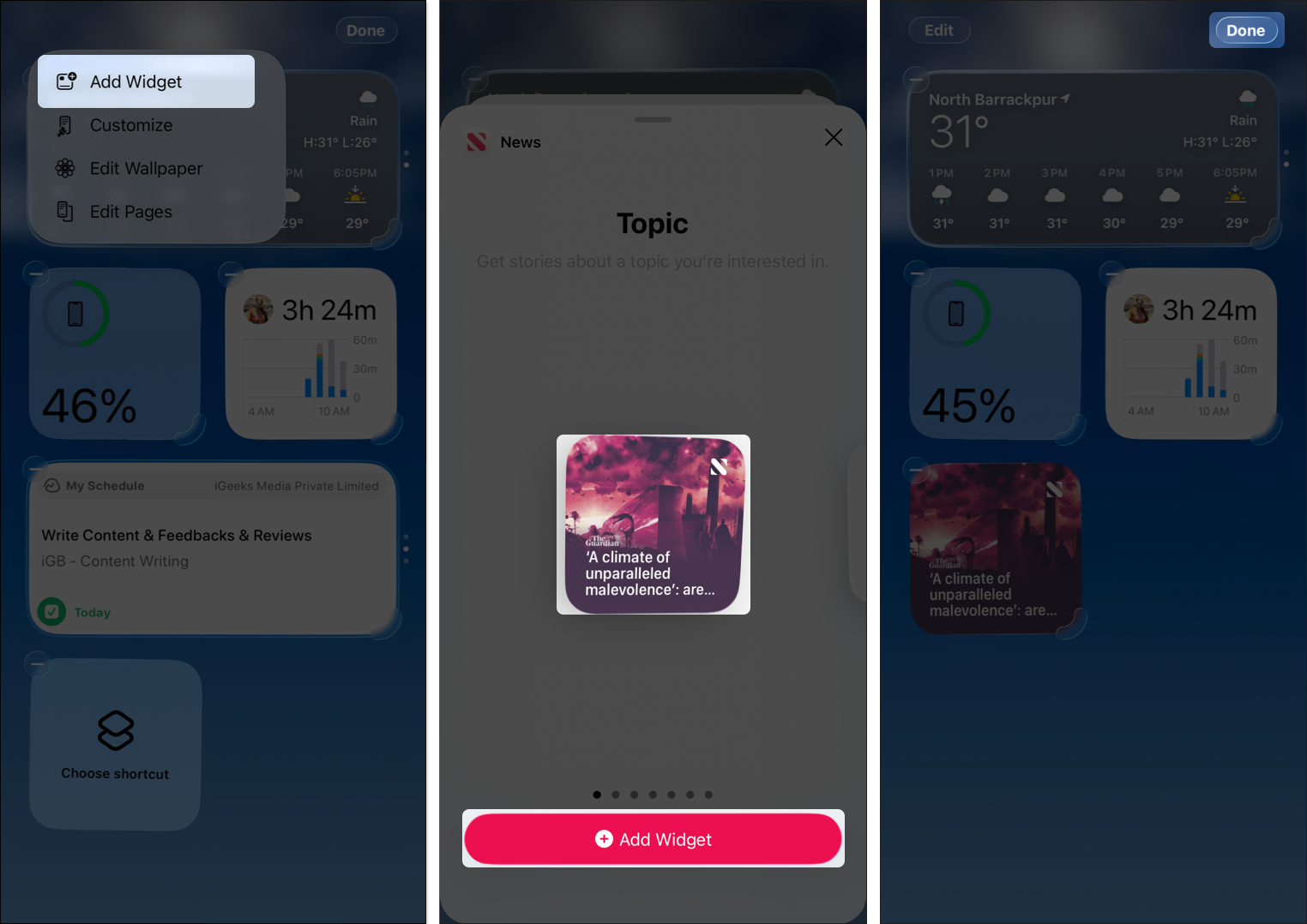 Press and hold empty space and select add widget option