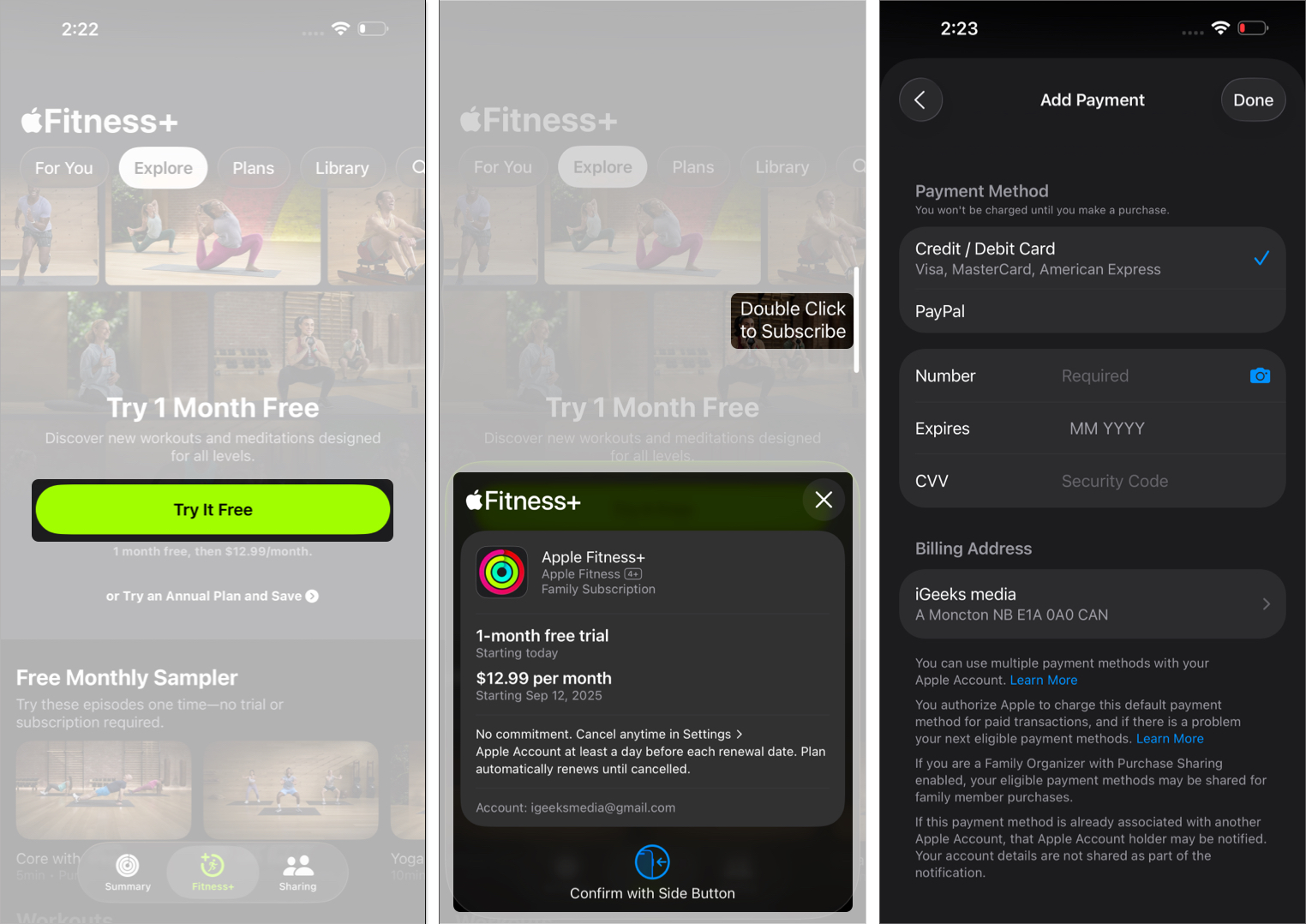 Process to subscribe an apple fitness plus app