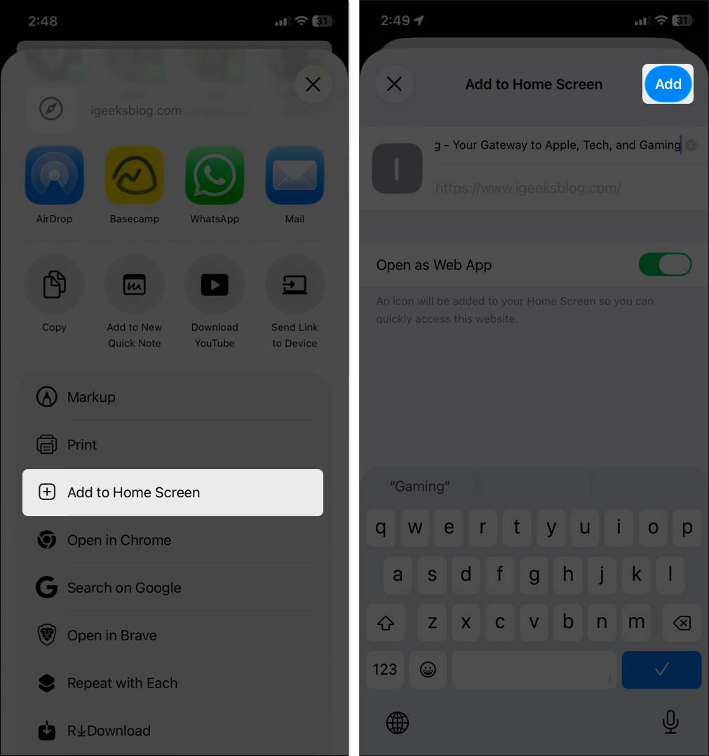Select add to home screen and tap on add button