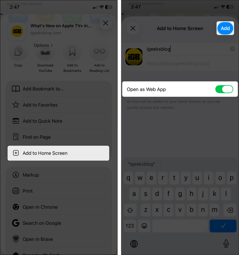 Select add to home screen option
