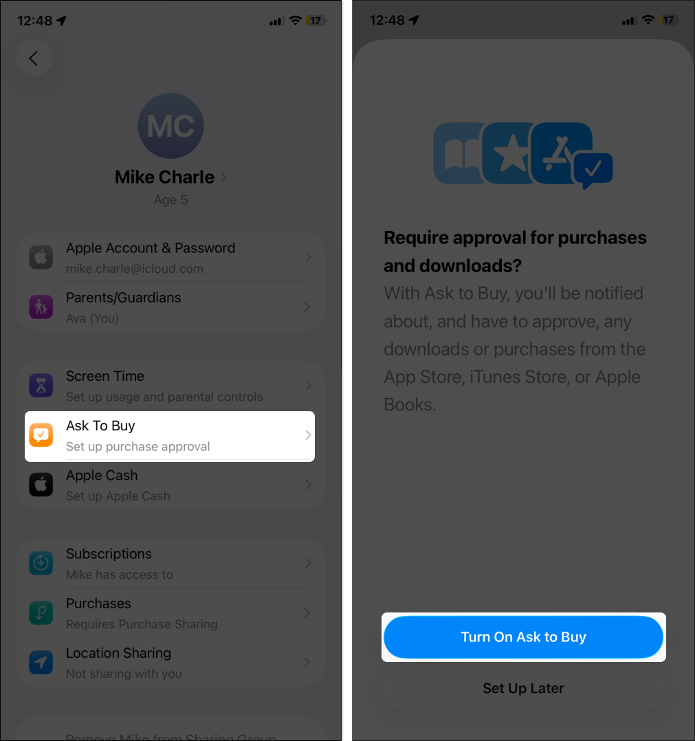 Select ask to buy and tap turn on ask to buy