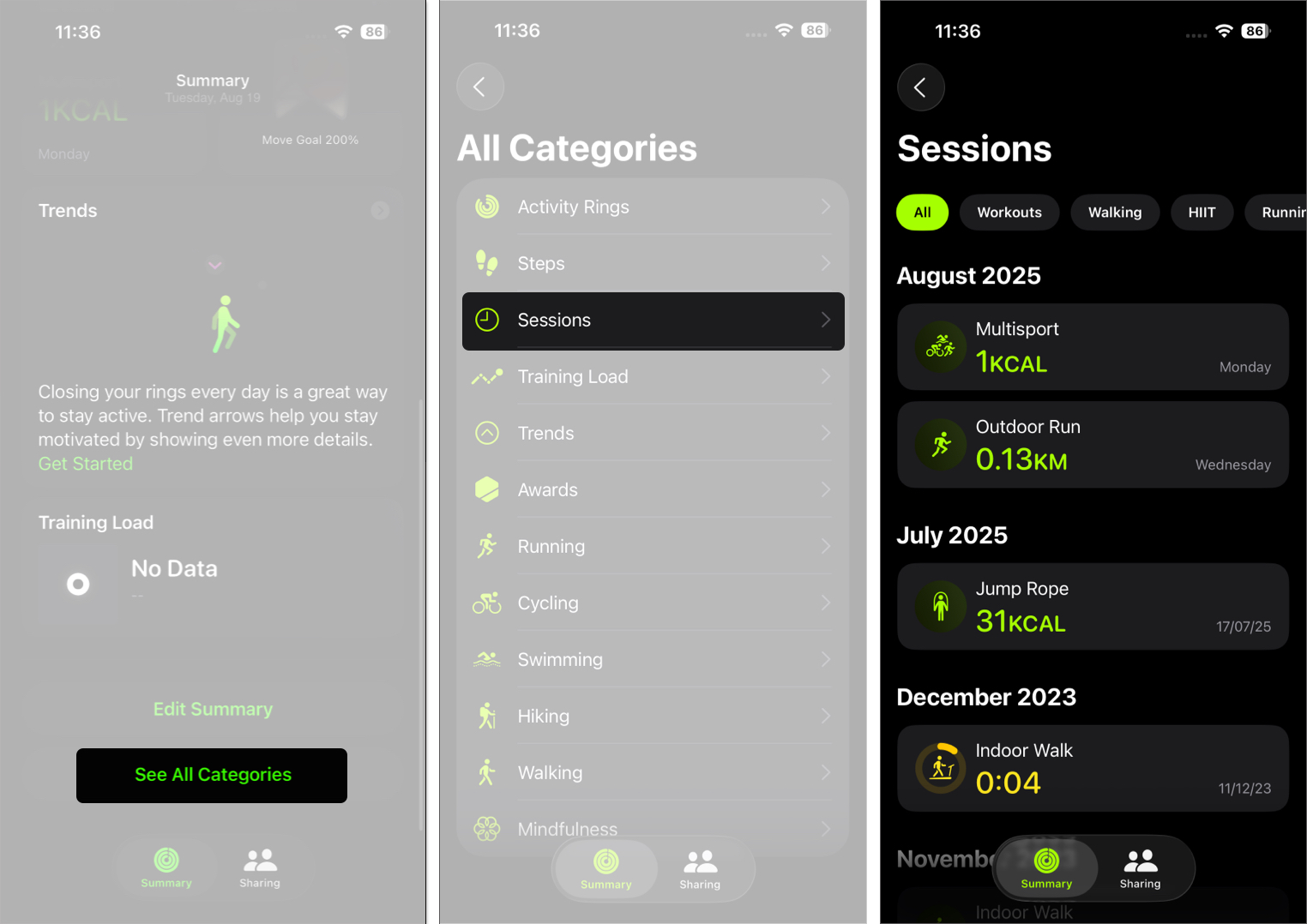 Select categories to see all recent workout data