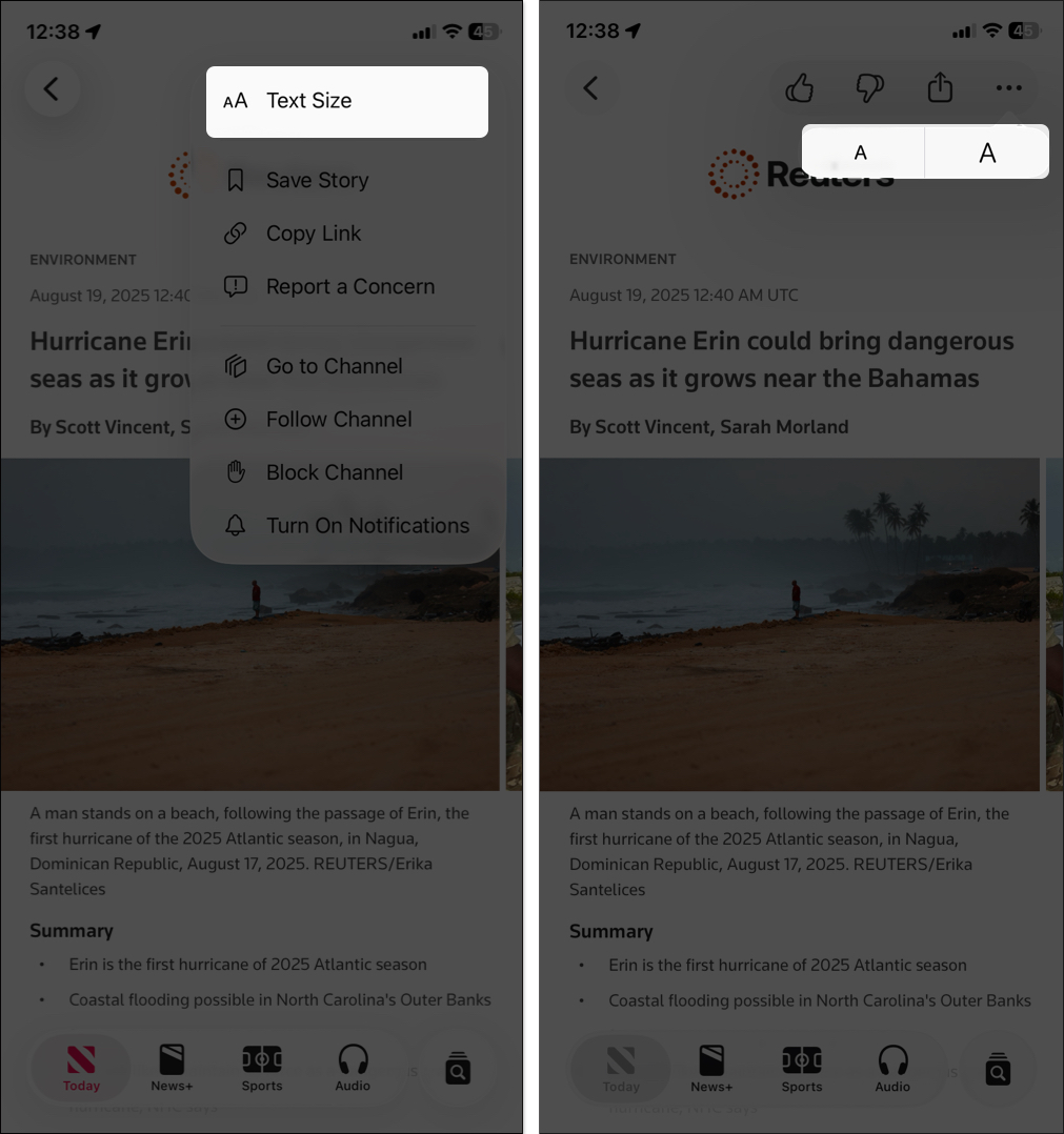 Select text size to change font size