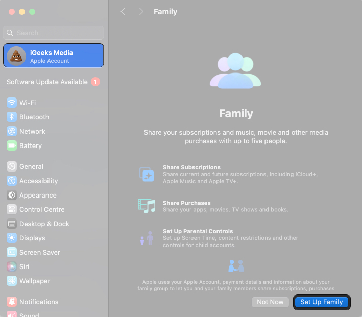 Set up family sharing on mac