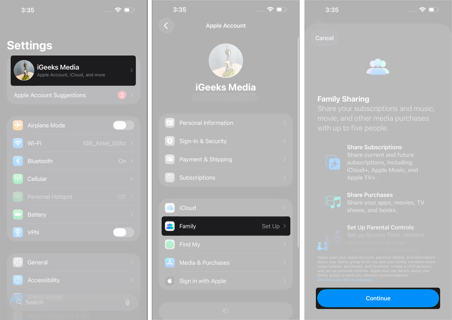 Set up family sharing on the iphone