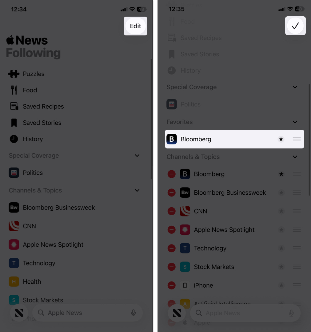 Tap and hold to manage favourite channel or topic