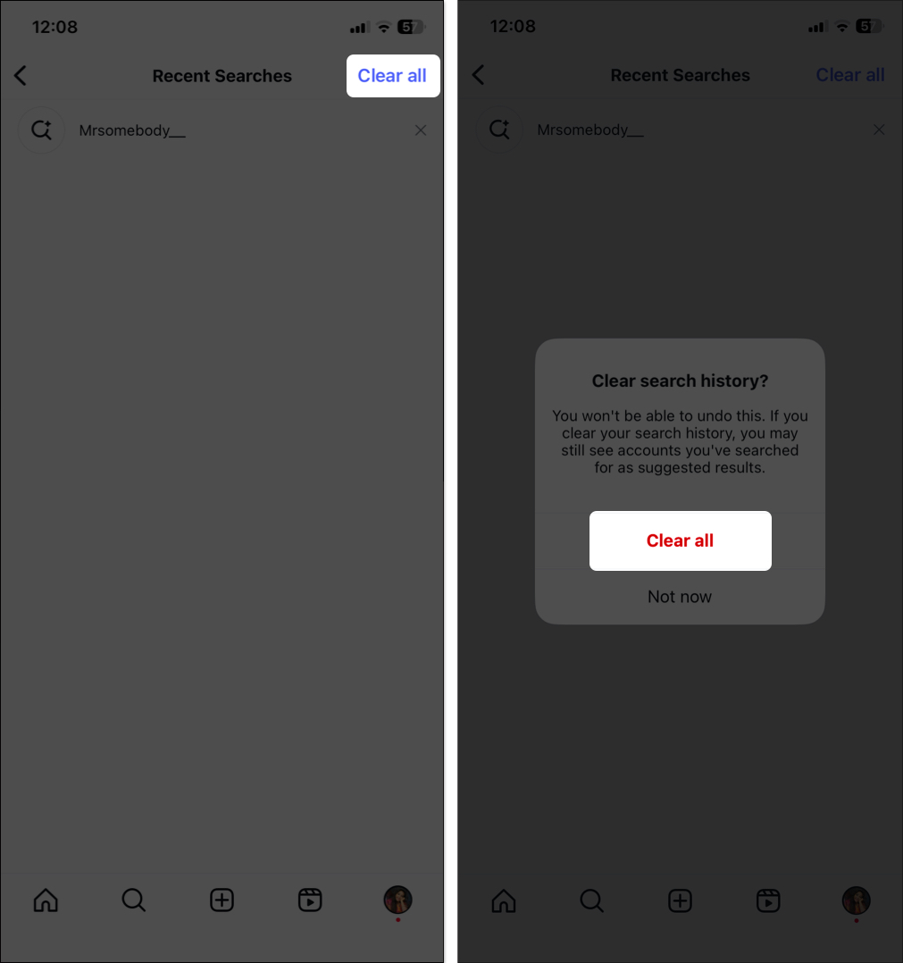 Tap on clear all to remove instagram search history