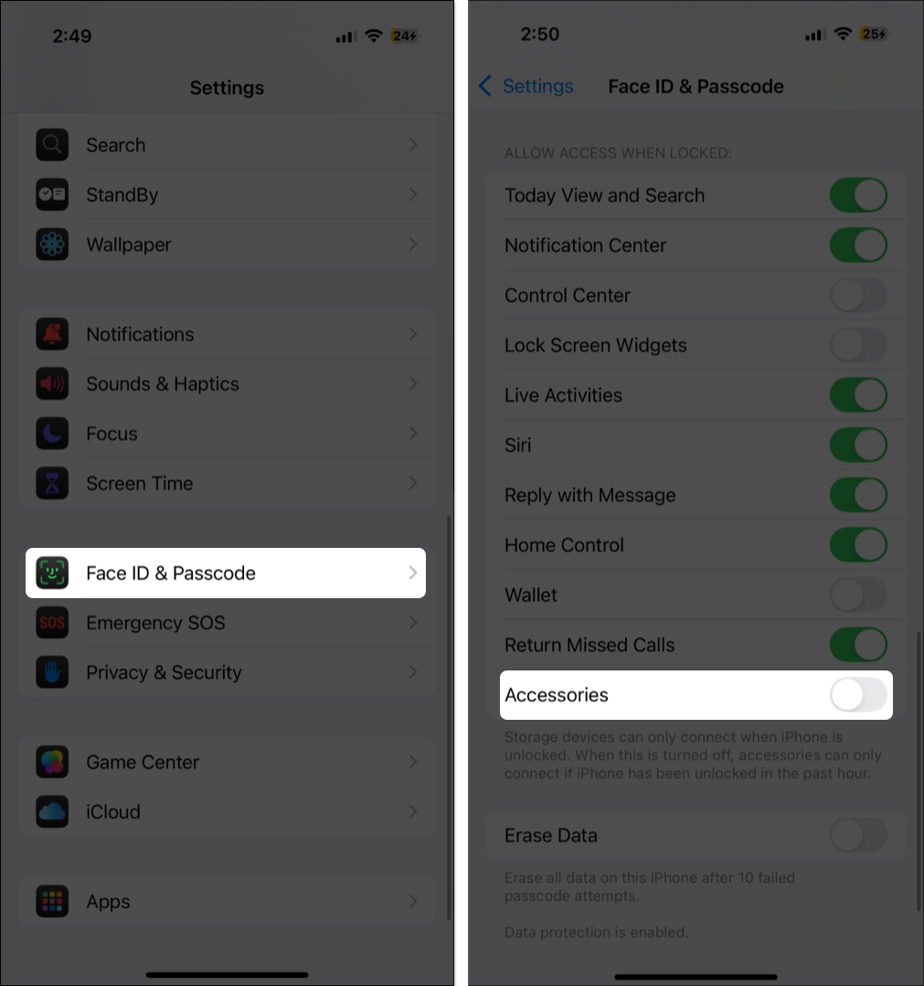 Tap on face id and passcode and toggle off accessories