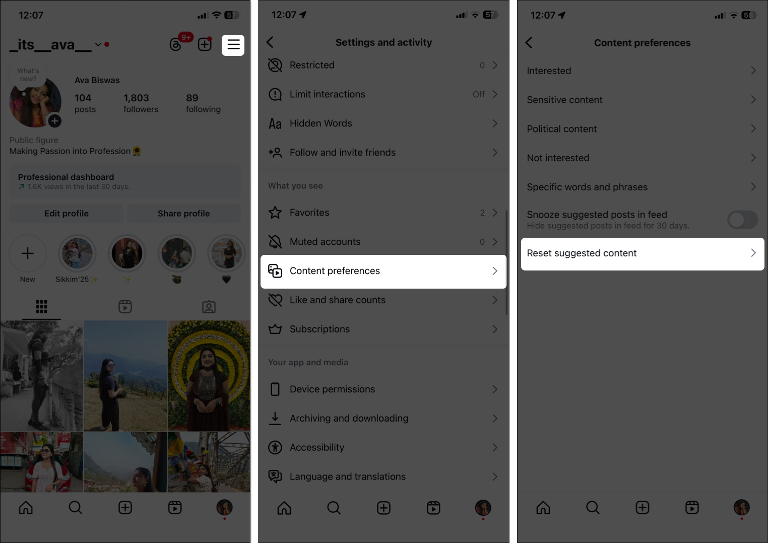 Tap on hamburger and access content preferences option