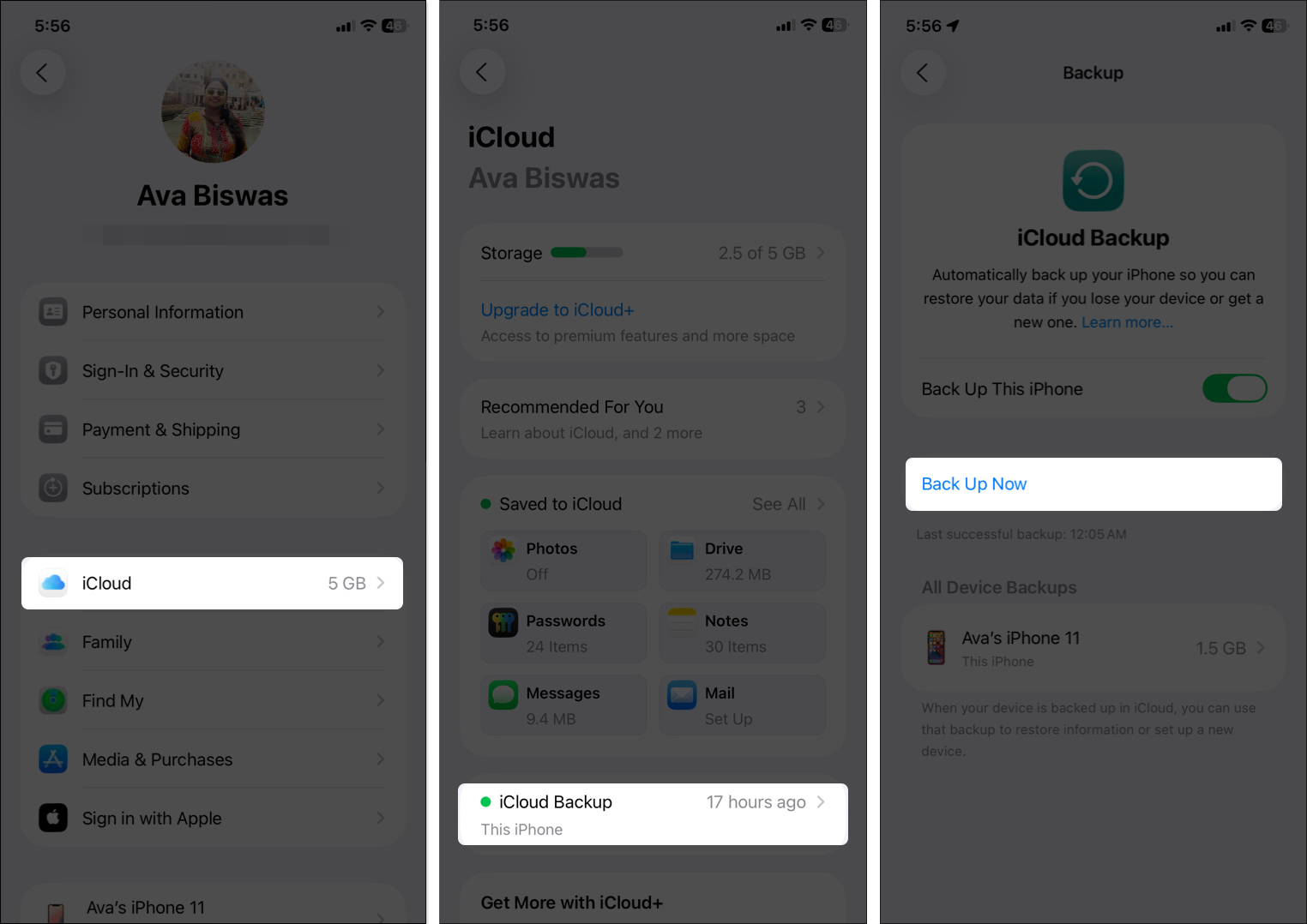 Tap on icloud to access icloud backup option in iphone settings