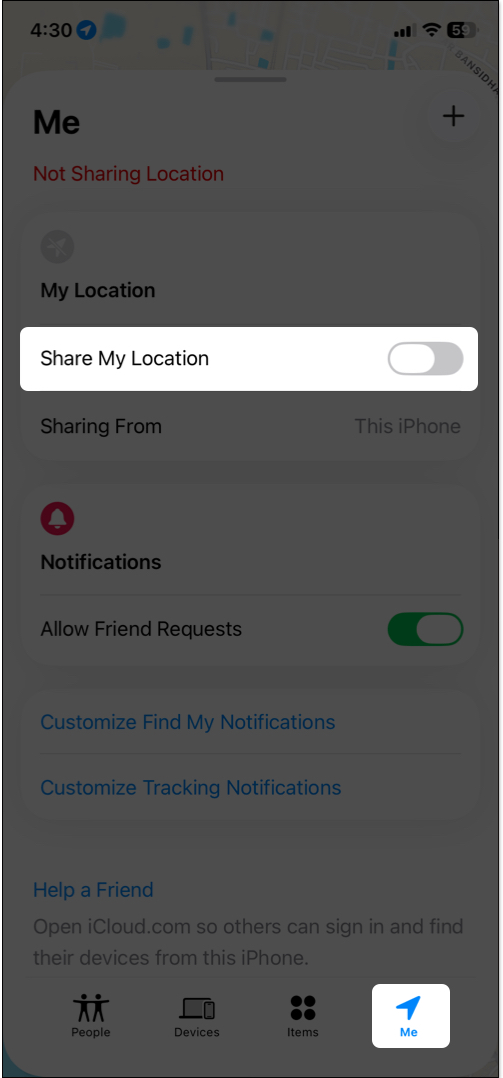 Tap on me icon to turn on share my location