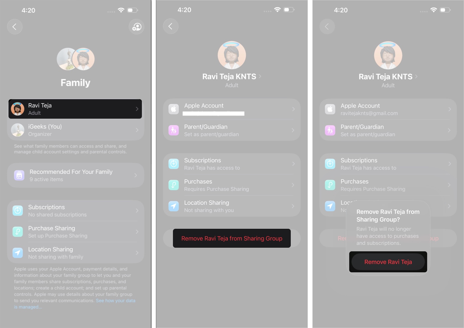 Tap on member profile and get option to remove from family