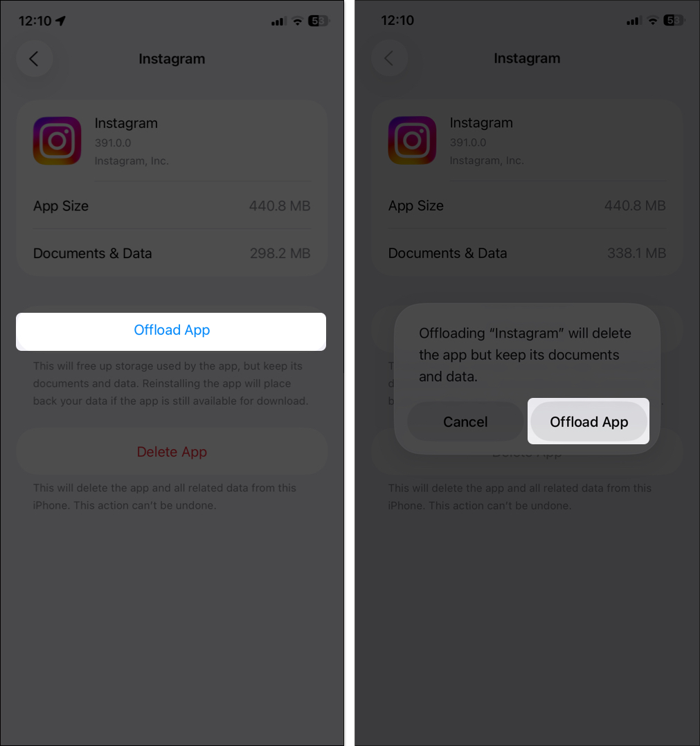 Tap on offload to clear instagram cache from iphone settings