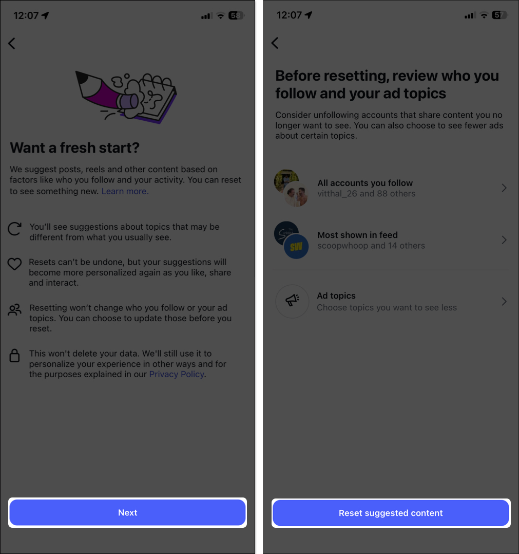 Tap on reset suggested content