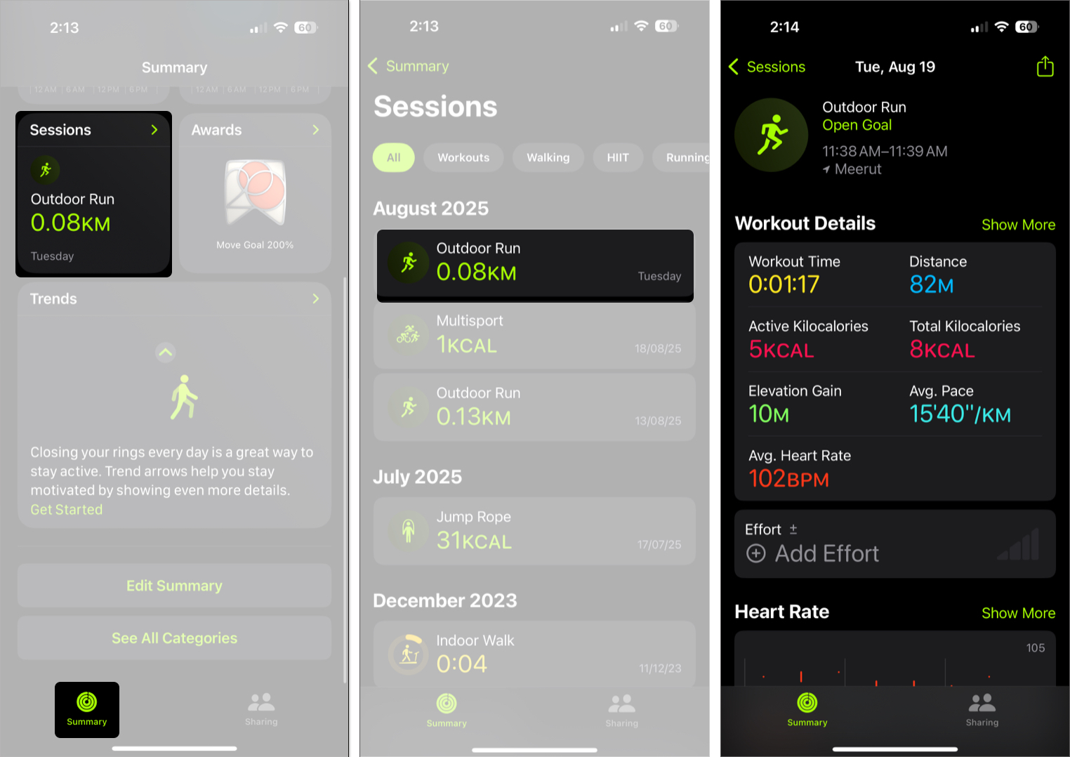 Tap on sessions tile to get all workout data in fitness app