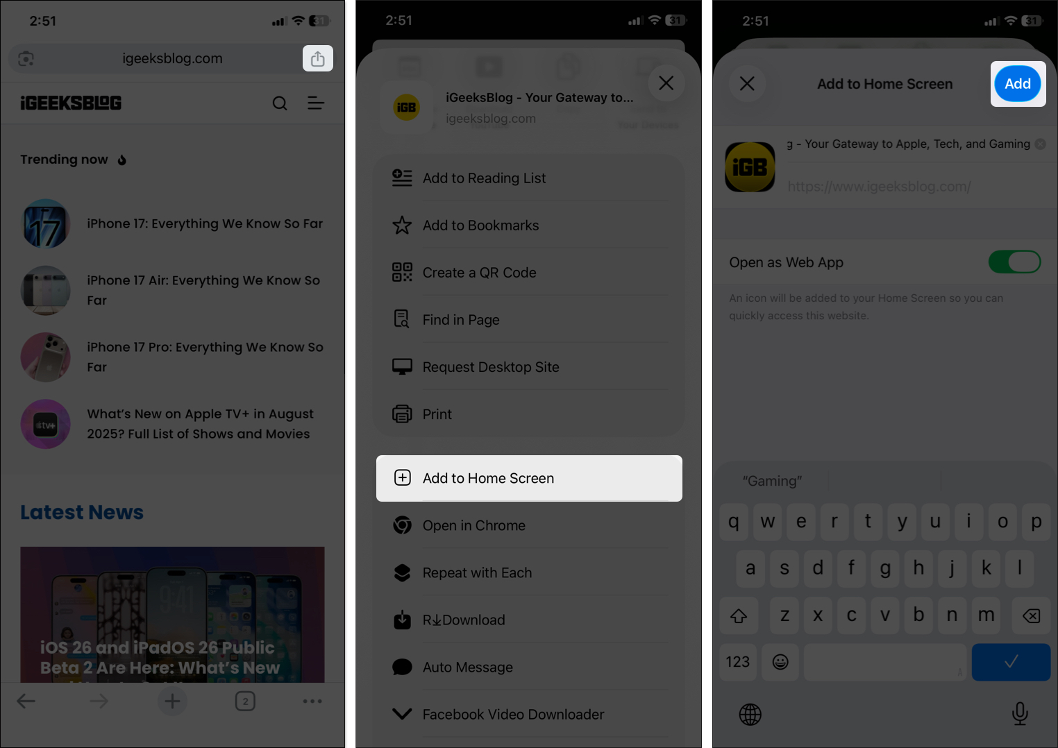 Tap on share icon to add shortcut on home screen