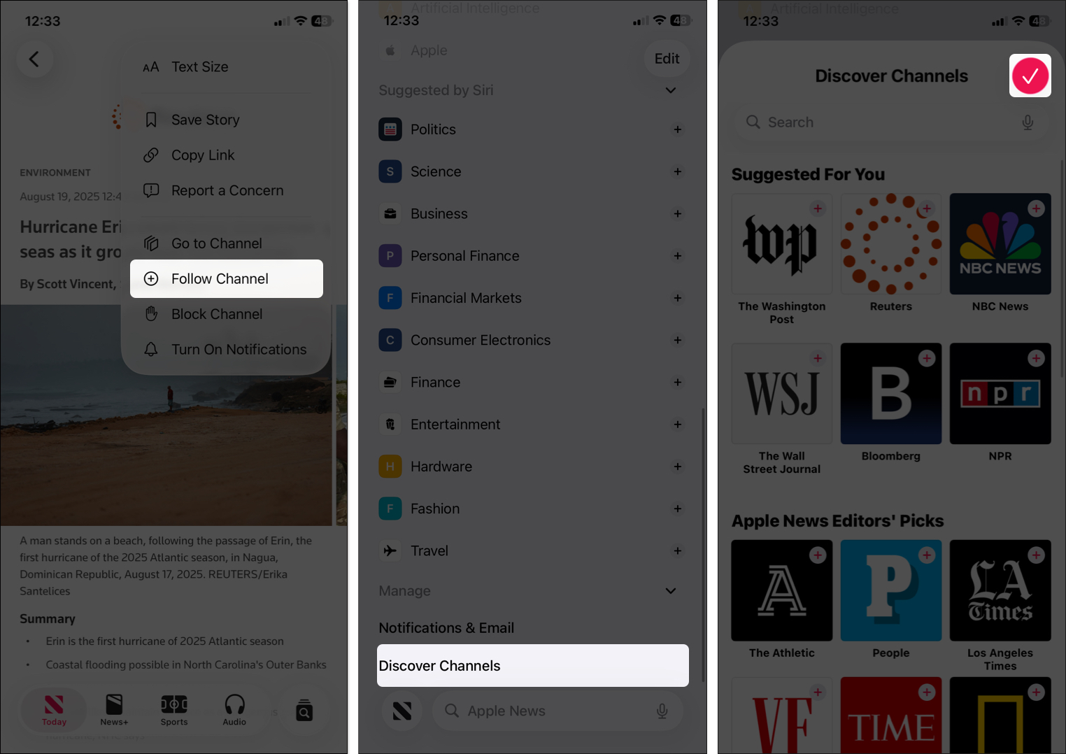 Tap on three dot icon and select channel to follow