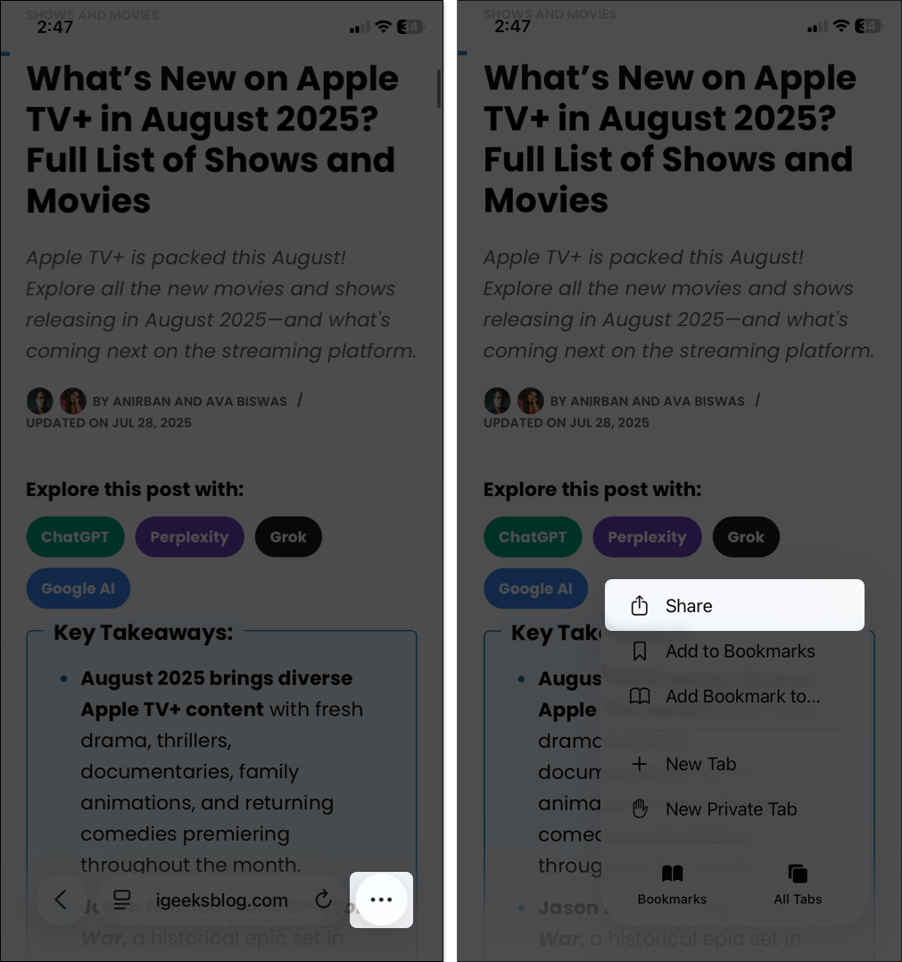 Tap on three dot icon and select share button