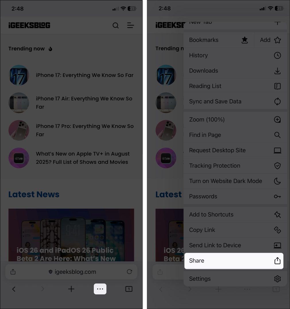 Tap on three dots and select share option from dopdown