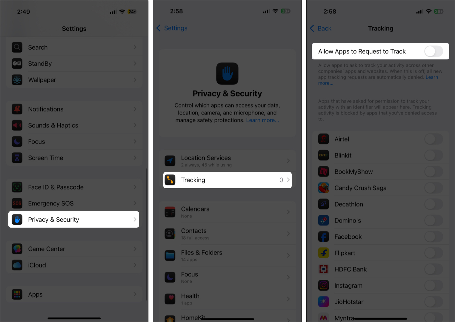 Toggle off allow app request to track