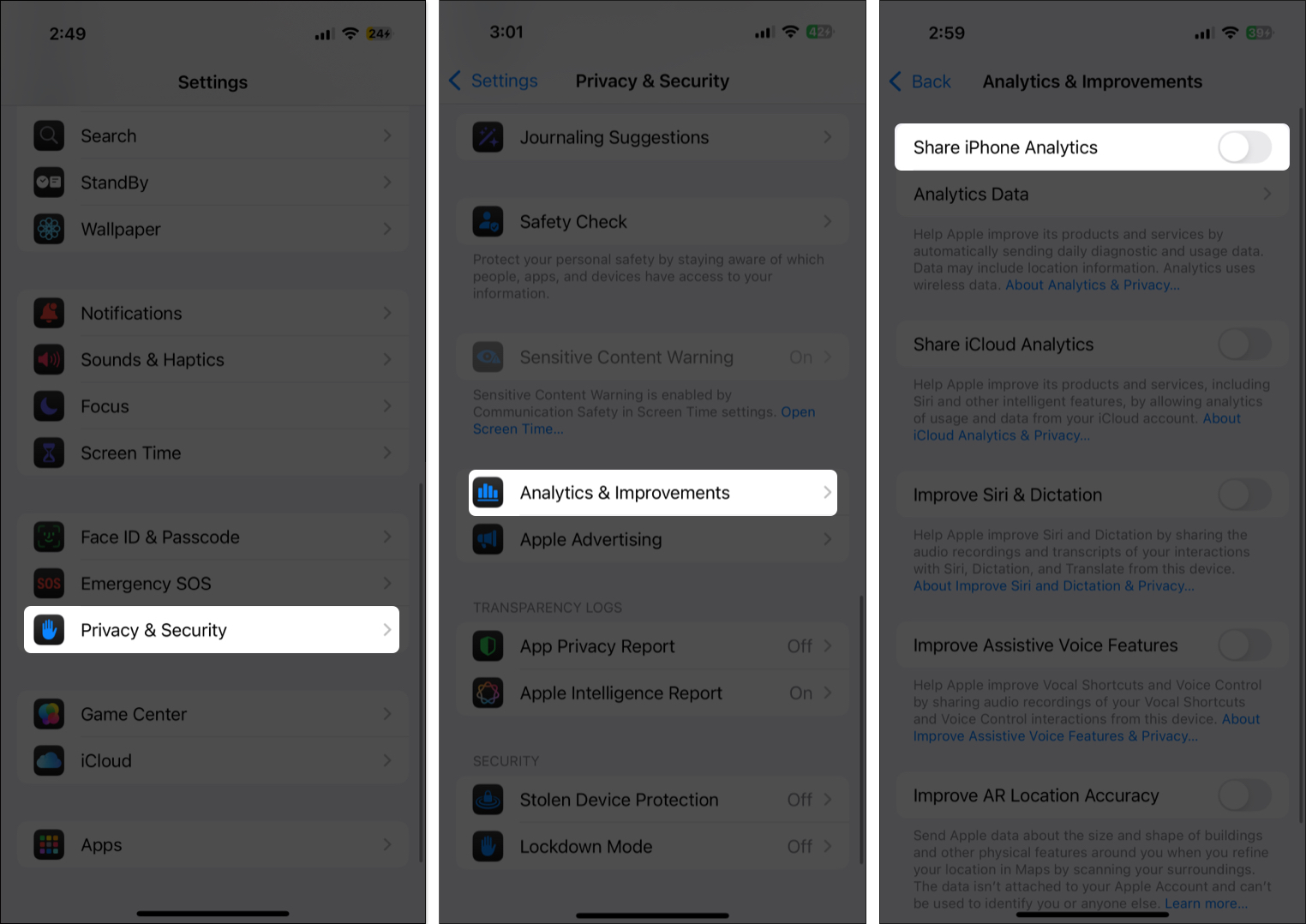 Toggle off share iphone analytics in iphone settings