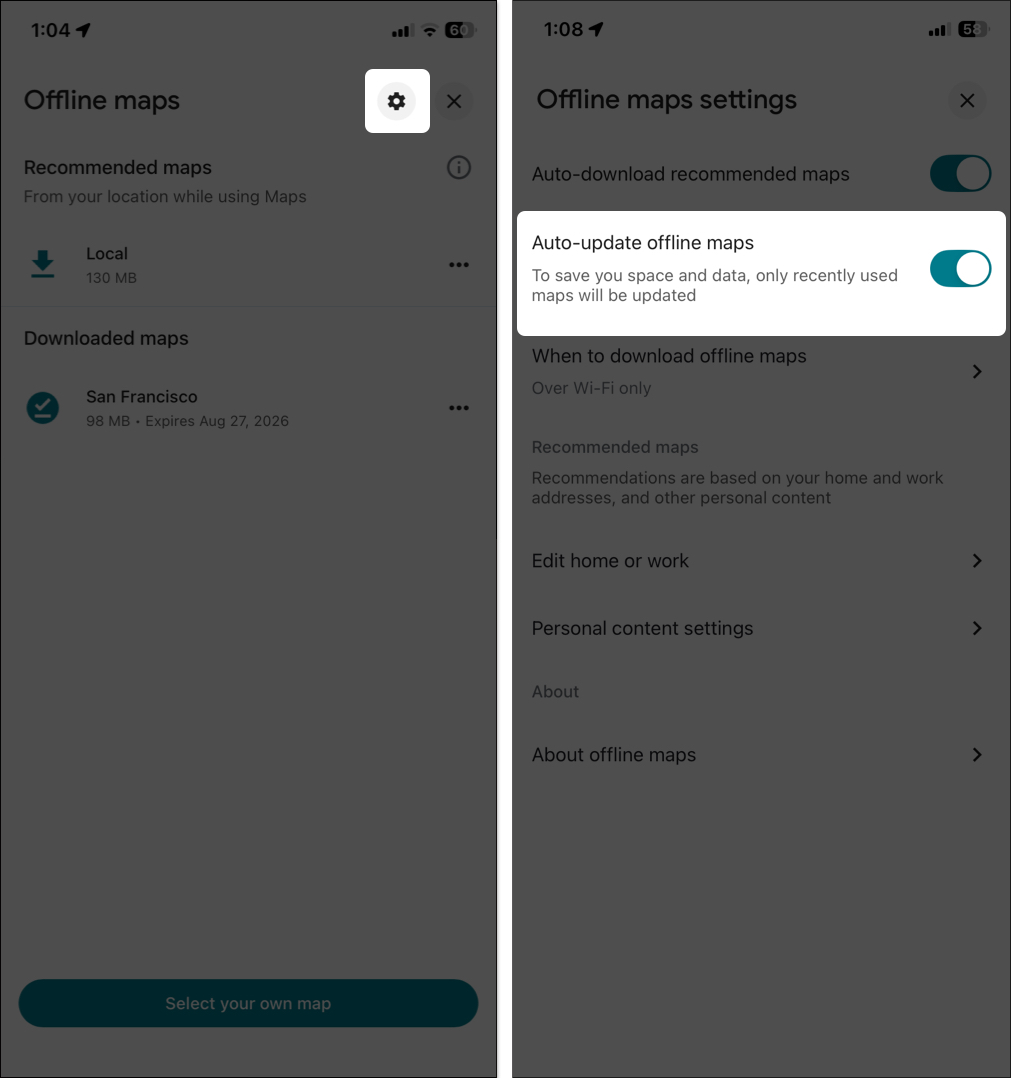 Toggle on auto update offline maps from google maps settings