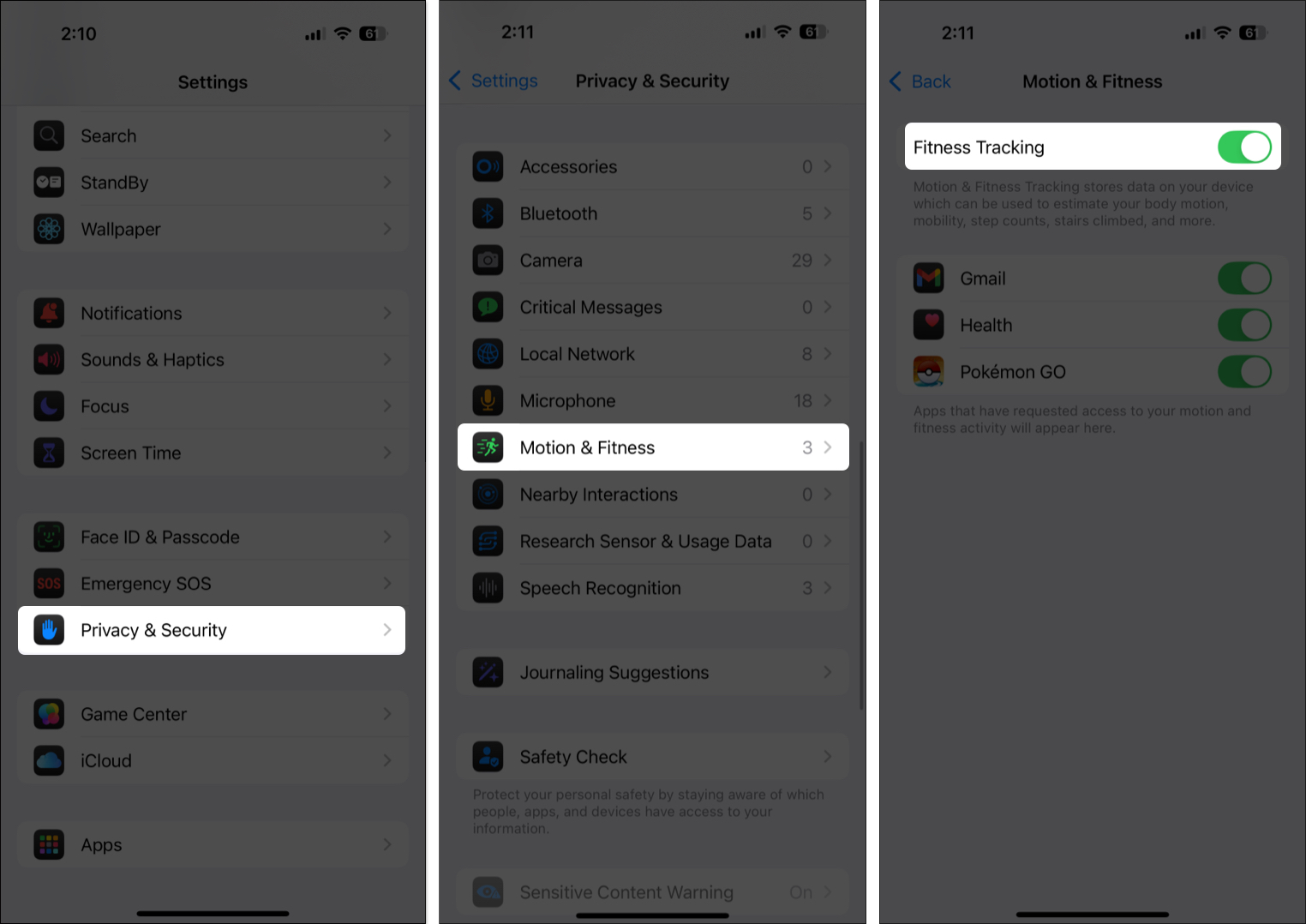 Toggle on fitness tracking on iphone settings