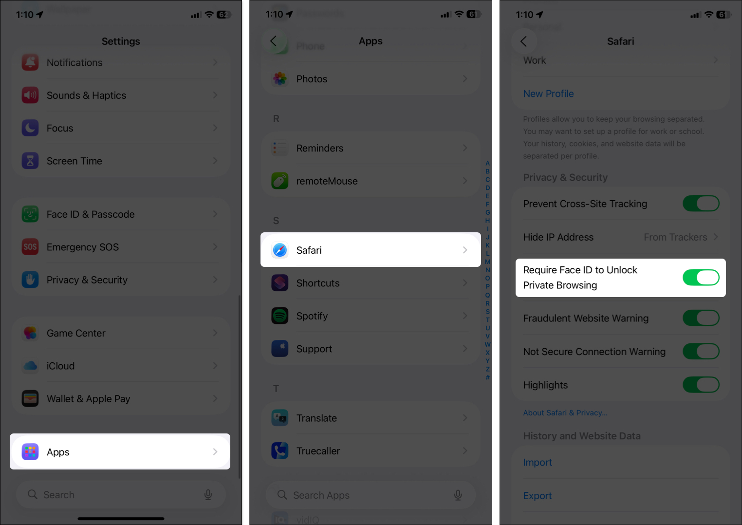 Toggle on require face id to unlock private browsing in iphone settings