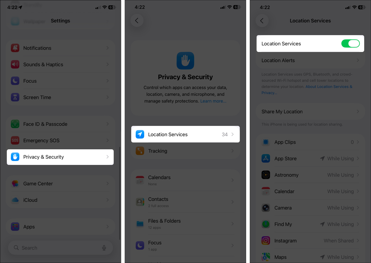 Apple maps visited places what it is and how to turn it on or off Turn on location services from iphone settings