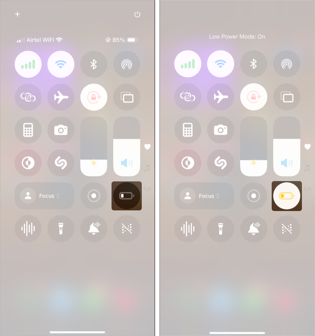 Turn on low power mode from control center
