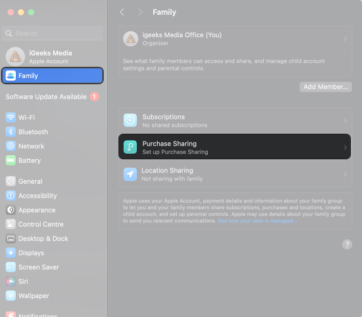 Turn on purchase sharing on mac