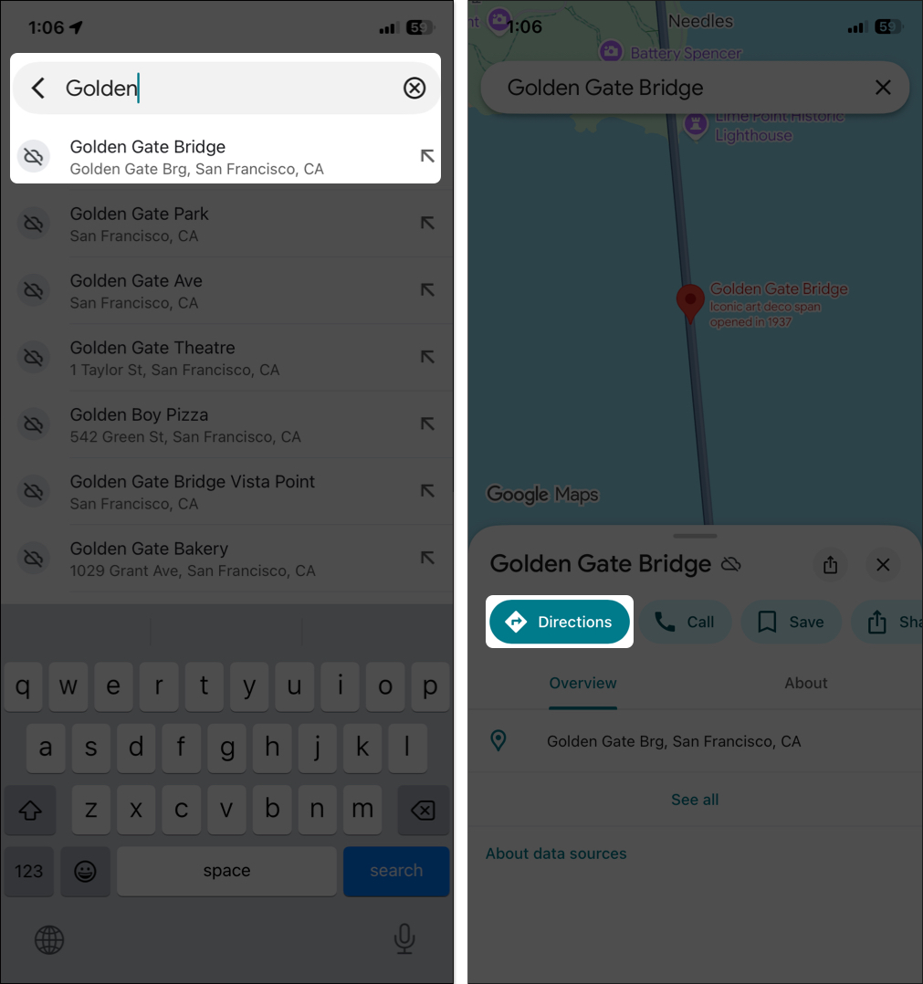 Type location name and select location then tap on direction