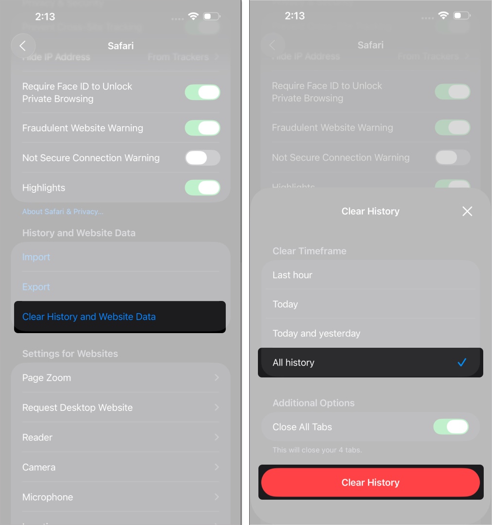 Clear everything history cache and cookies
