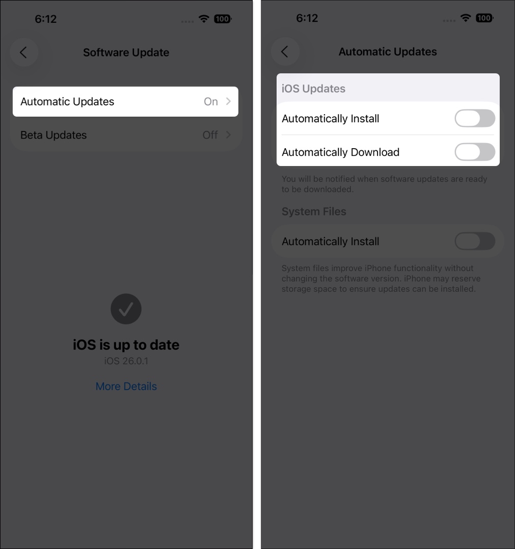 Select automatic updates → then toggle off ios updates