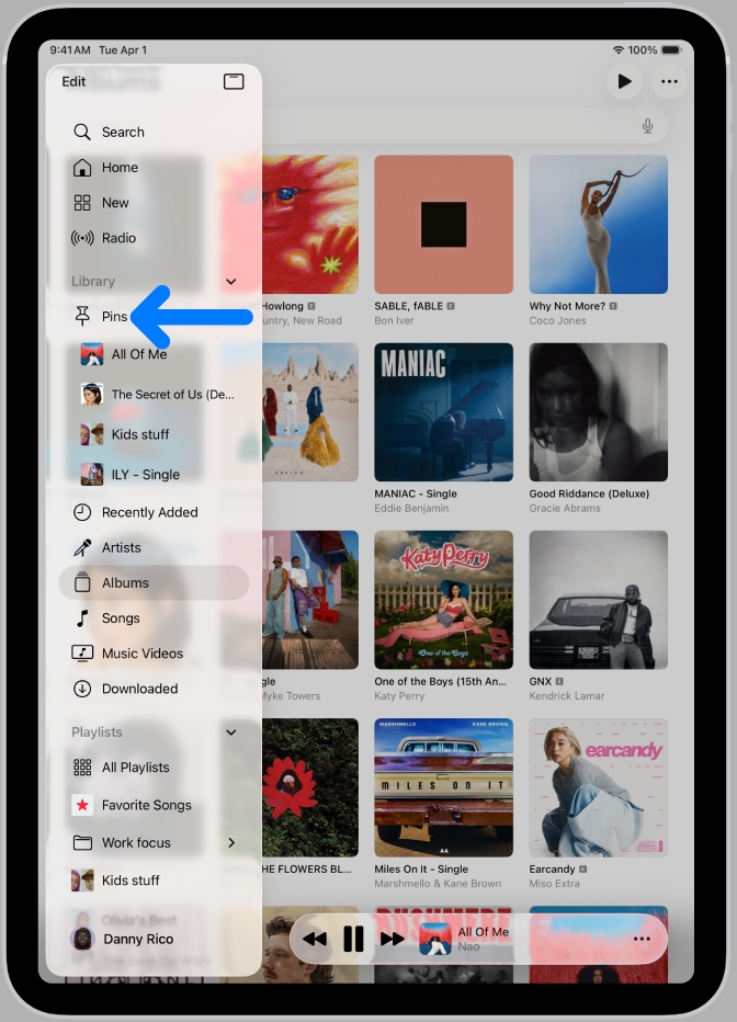 Music pins on ipad