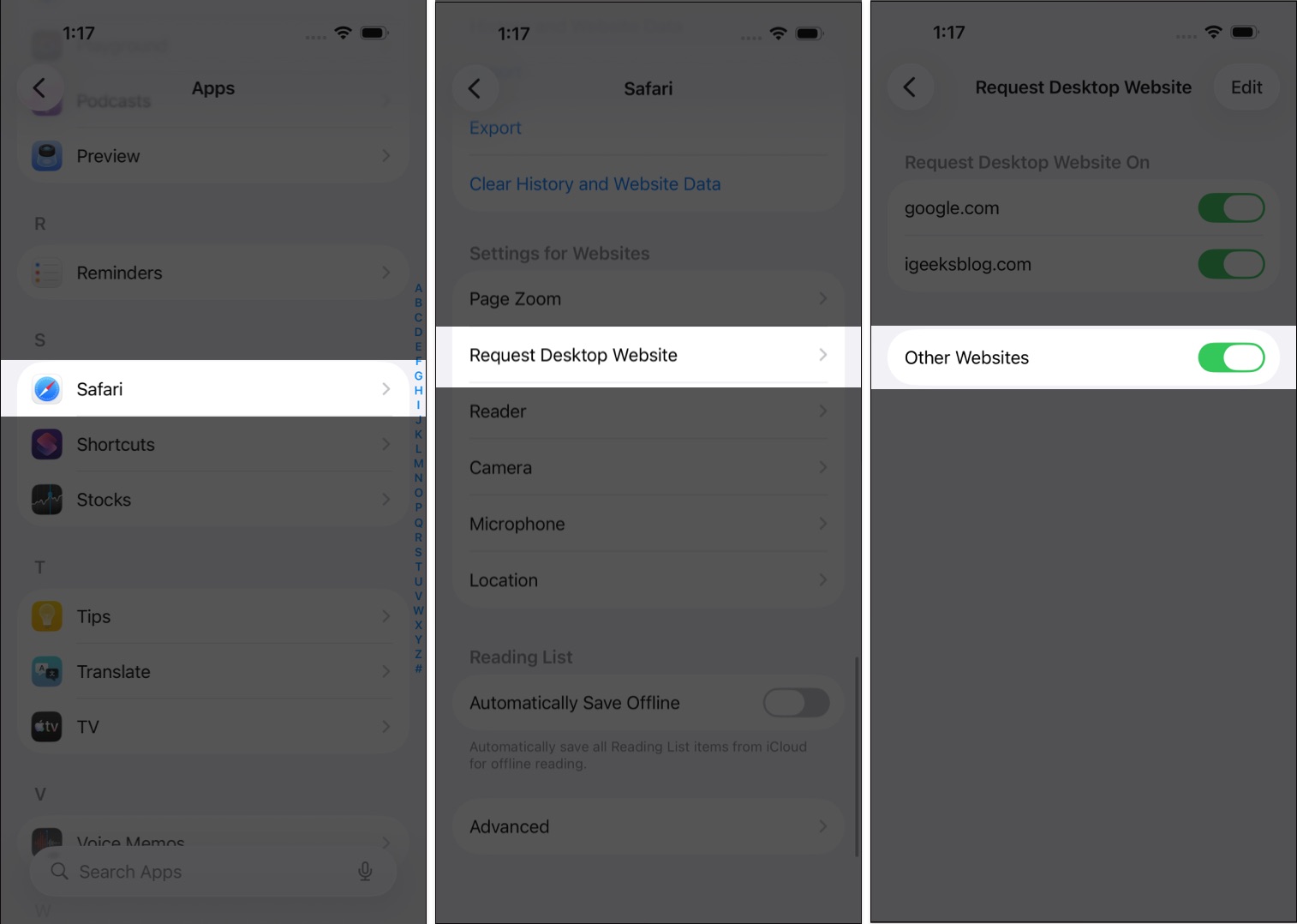 How to Request the Desktop Site on iPhone (Safari, Chrome and Firefox) – iGeeksBlog Open Settings go to Apps select Safari then enable Request Desktop Website for other sites