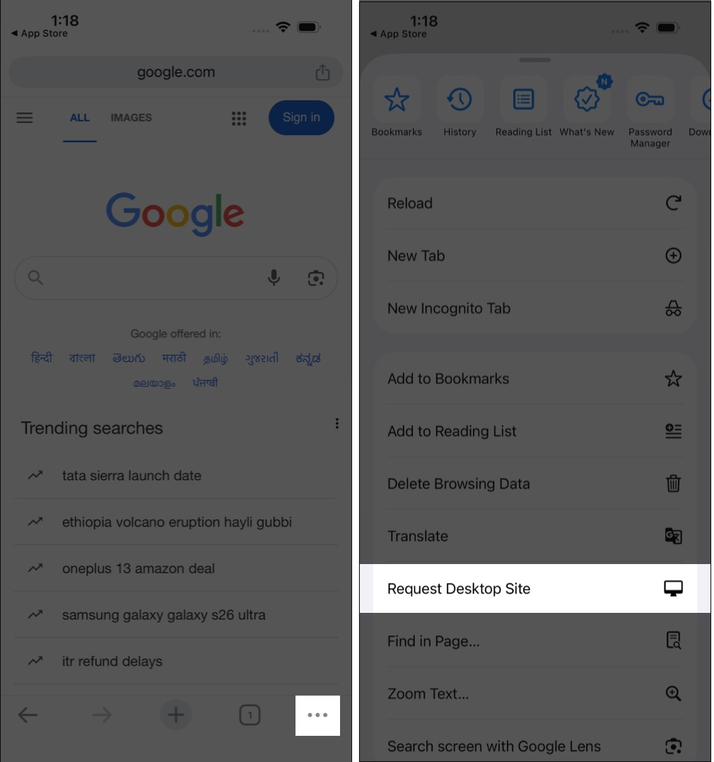 How to Request the Desktop Site on iPhone (Safari, Chrome and Firefox) – iGeeksBlog Open site in Chrome tap three dots and choose Request Desktop Site