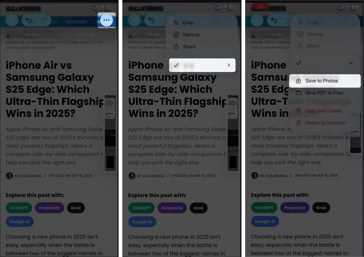 How to take a screenshot on iphone and ipad with face id Tap three dot icon then save your screenshots in photos