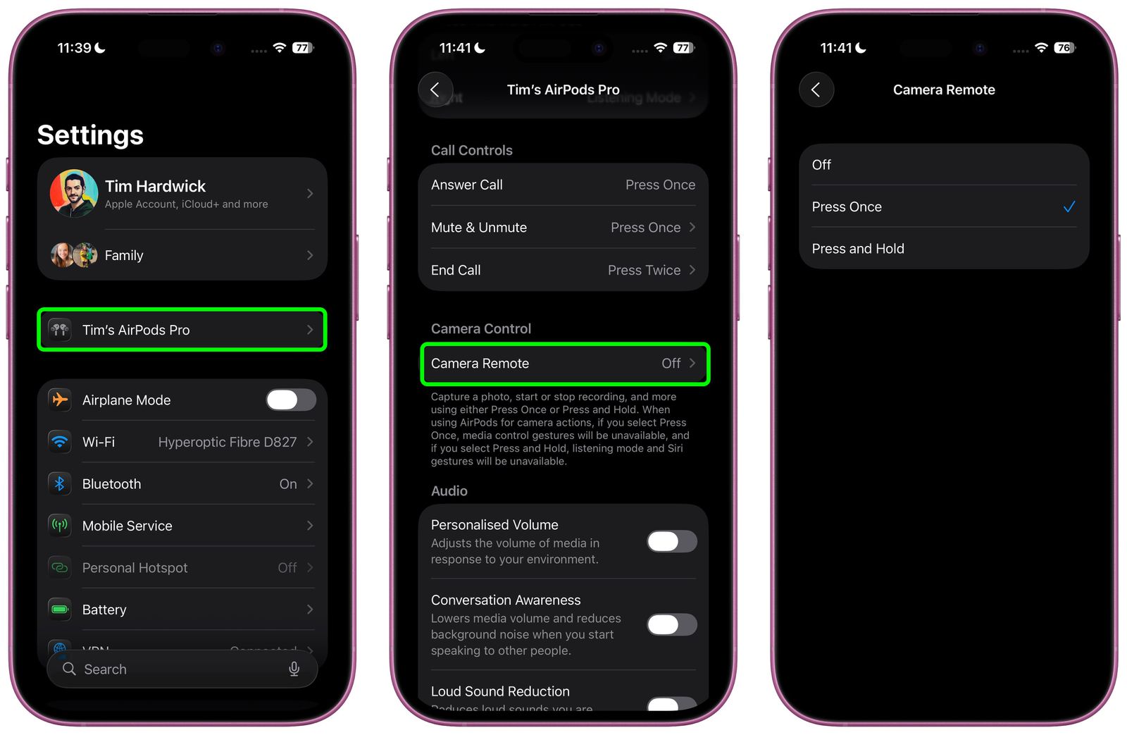 Turn on camera control for airpods in ios 26