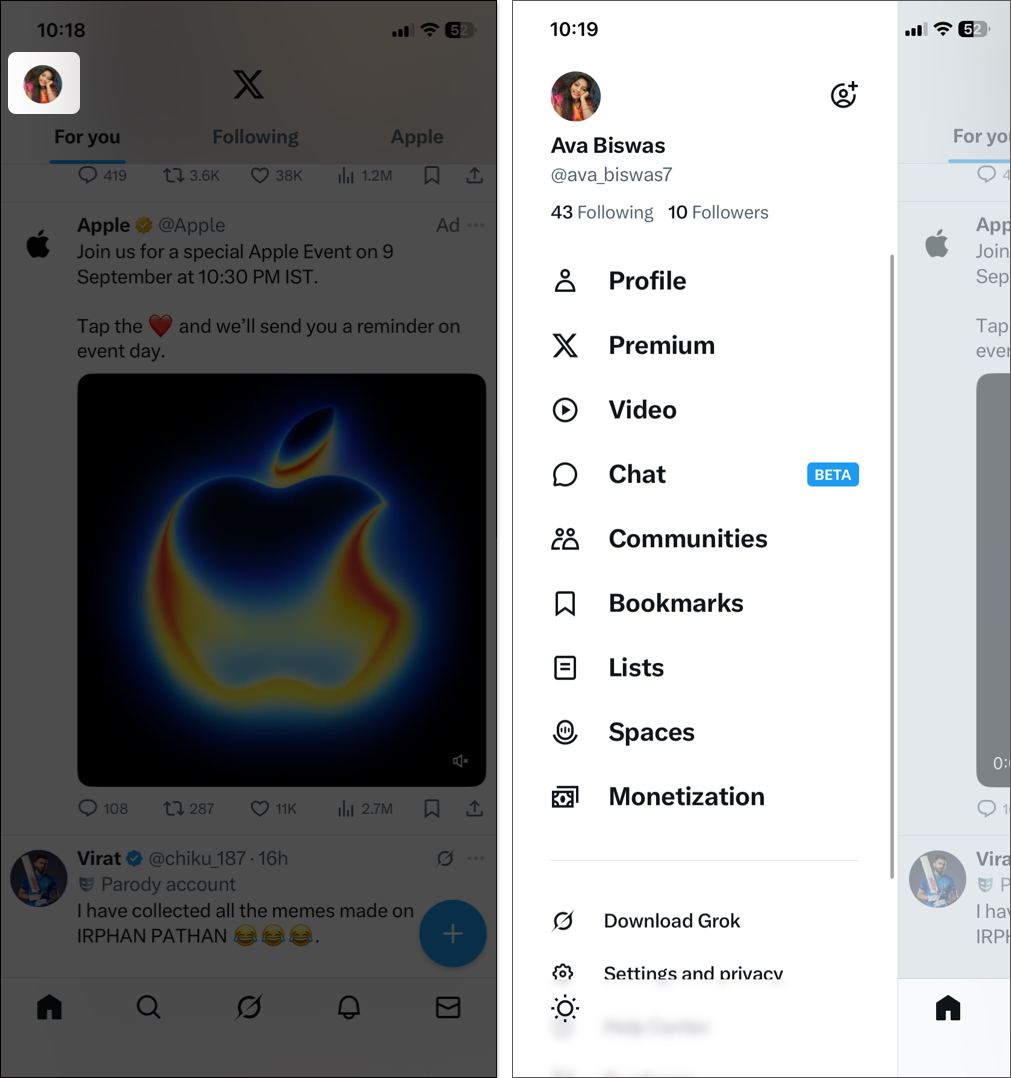 Access more options in side panel on Twitter